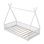 Kinder-Bodenbett, Zeltbett in Einzelbettgröße, Montessori-Bodenbett mit Lattenrost und Schutzgittern, Bettrahmen aus Holz in Hausform für Jungen und Mädchen