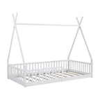 Kinder-Bodenbett, Zeltbett in Einzelbettgröße, Montessori-Bodenbett mit Lattenrost und Schutzgittern, Bettrahmen aus Holz in Hausform für Jungen und Mädchen