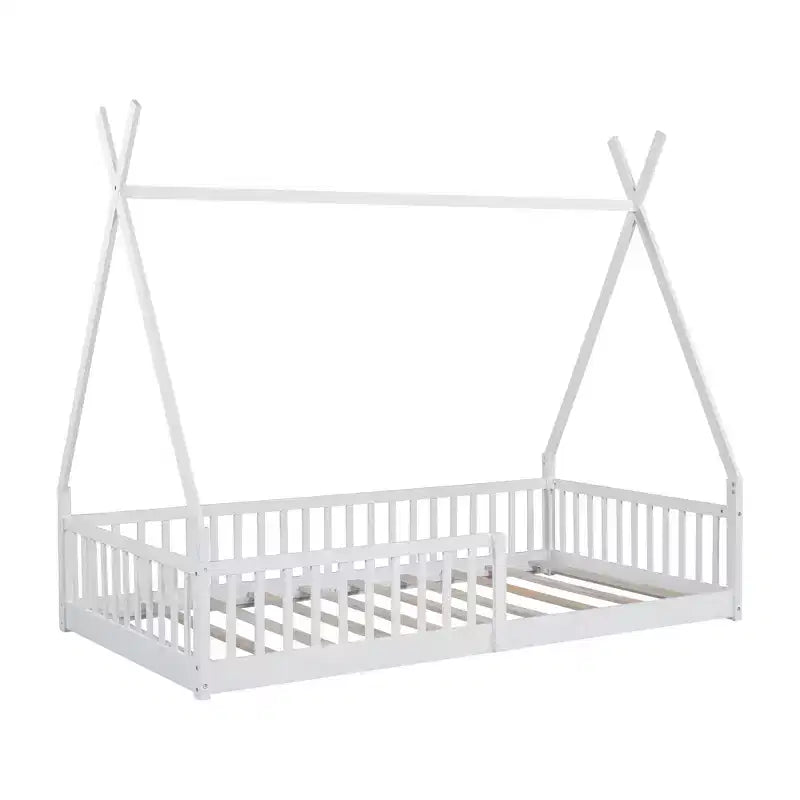 Kinder-Bodenbett, Zeltbett in Einzelbettgröße, Montessori-Bodenbett mit Lattenrost und Schutzgittern, Bettrahmen aus Holz in Hausform für Jungen und Mädchen