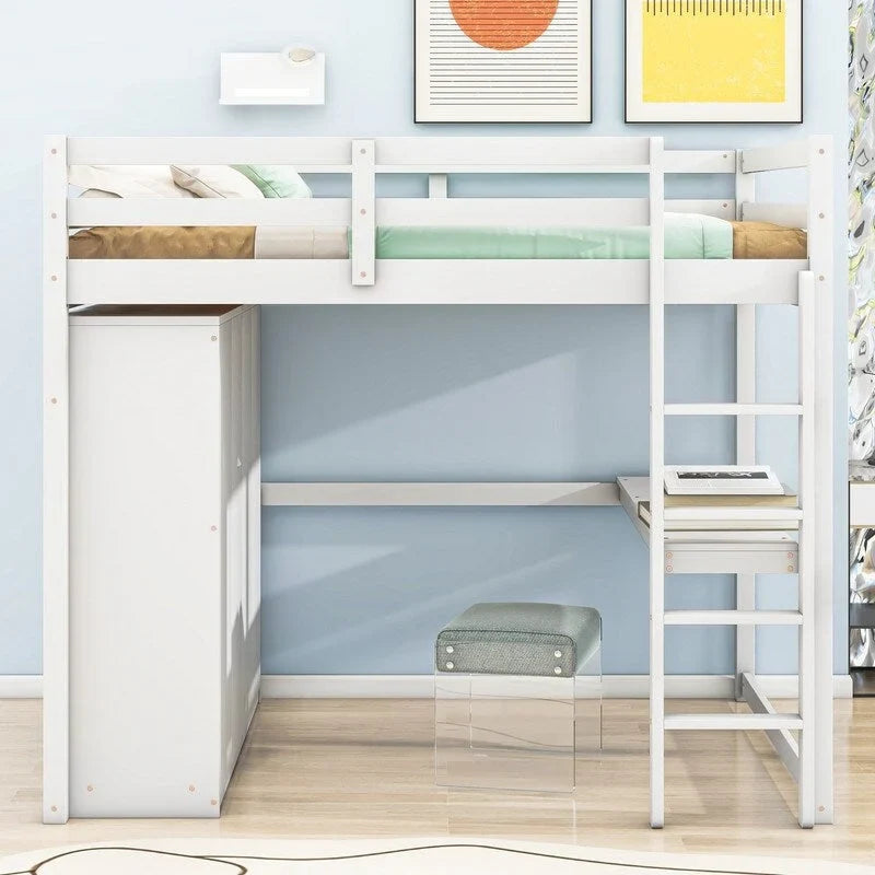 Lit mezzanine en bois, format deux places, avec armoire intégrée, bureau, étagères de rangement et tiroirs