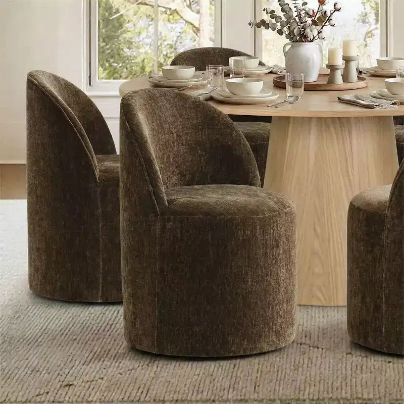 Conjunto de jantar moderno para 6 pessoas, mesa redonda com pé central, cadeiras giratórias tipo barril com rodas, chenille texturizado - Panipeachy