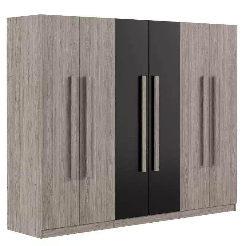 Kledingkast van 83W met 6 deuren, 2 laden, hangroedes en opbergplanken, zwart+naturel-ModernLuxe