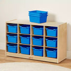 Mobiler Fächerschrank mit Tablettfächern und 15 Behältern mit Schaufelfront, 3x4, Kindermöbel