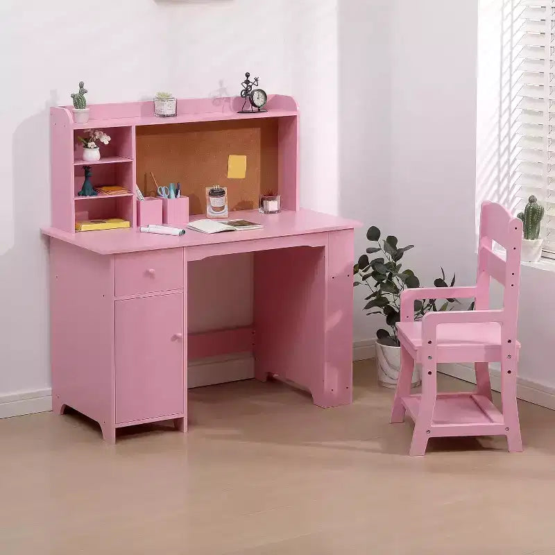 Kinderschreibtisch mit Stuhl für Jungen und Mädchen, hölzerner Kinderschreibtisch mit Bücherregal, Pinnwand, Schrank und Schublade, für Kinder von 3-8 Jahren