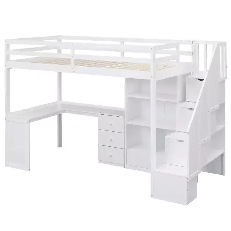 Halfhoogslaper in eenpersoonsmaat met L-vormig bureau, 3 laden, kast, opbergruimte in de trap, frame van massief grenenhout en MDF