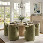 Conjunto de jantar moderno para 6 pessoas, mesa redonda com pé central, cadeiras giratórias tipo barril com rodas, chenille texturizado - Panipeachy