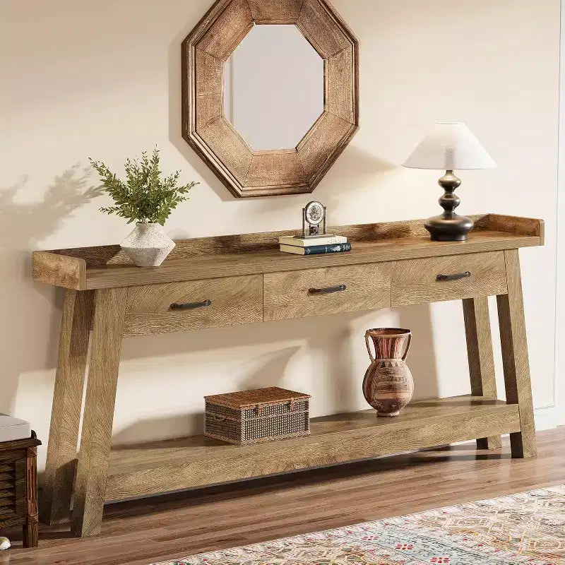 Lantine zitbanktafel met 2 niveaus en 3 laden, consoletafel van 70.9 met opstaande rand en opbergplanken voor de woonkamer, hal of entree