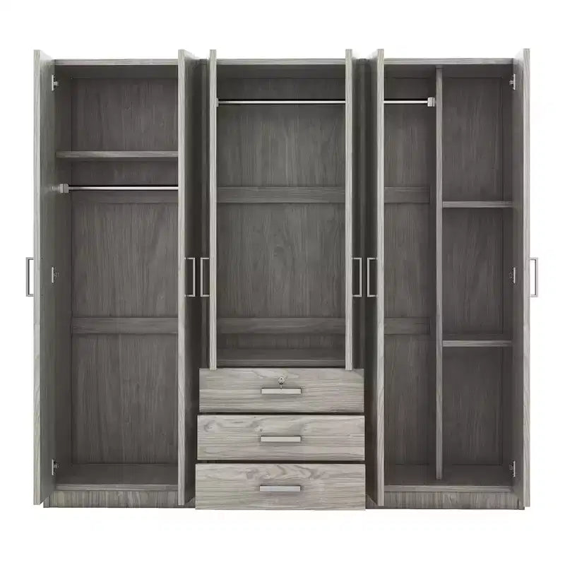 Guarda-roupa de madeira com 6 portas e gavetas para quarto