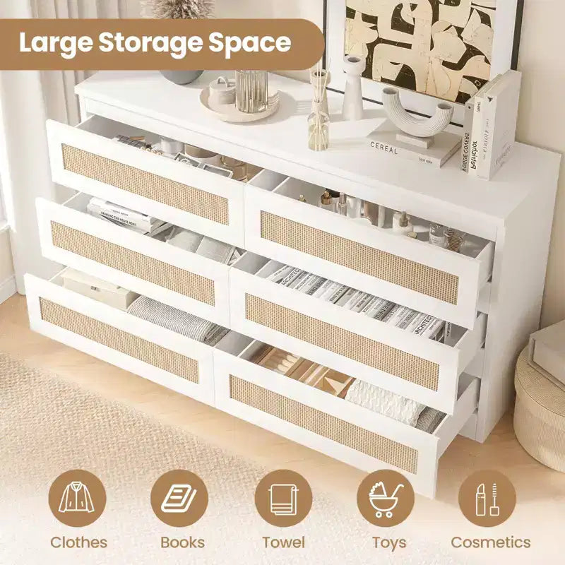 Rattan-Kommode fürs Schlafzimmer mit 6 Schubladen, 47 breite Kommode im modernen Landhausstil, Holz-Aufbewahrungsschrank und Organizer für Kleiderschrank, Wohnzimmer und Flur