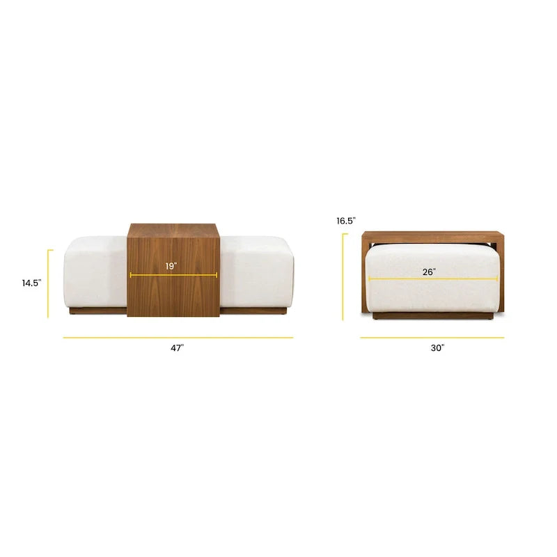 Pouf Jarmo Poly & Bark avec tablette en noyer réglable - cuir italien véritable pleine fleur