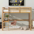 Okak Minimalism Loft Bed with Ladder, Rubber Wood Twin Loft Bed with Safety Guardrail and Build-In Desk, Bed Frames for Kids, Teenagers