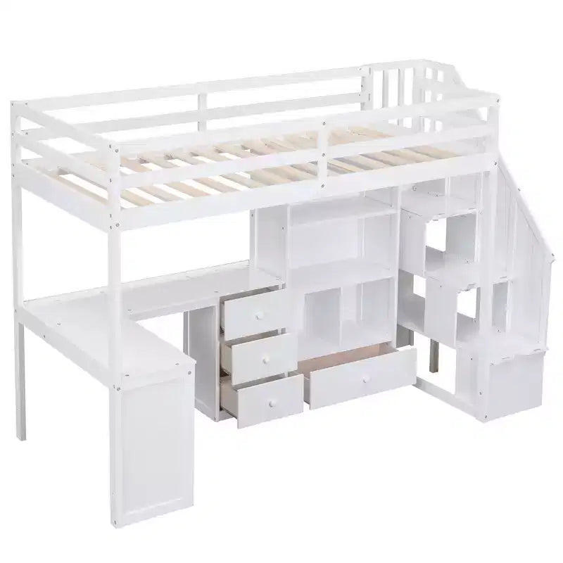 Halfhoogslaper in eenpersoonsmaat met L-vormig bureau, 3 laden, kast, opbergruimte in de trap, frame van massief grenenhout en MDF