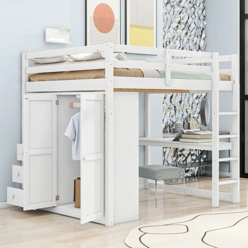 Lit mezzanine en bois, format deux places, avec armoire intégrée, bureau, étagères de rangement et tiroirs