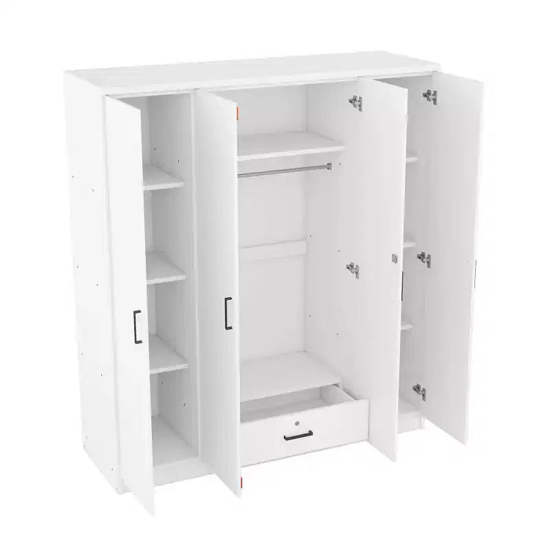 Viertüriger Kleiderschrank aus Holz mit Kleiderstange, 1 Schublade und Einlegeböden
