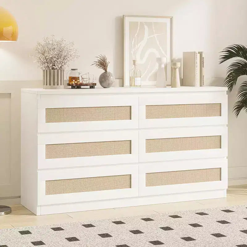 Rattan-Kommode fürs Schlafzimmer mit 6 Schubladen, 47 breite Kommode im modernen Landhausstil, Holz-Aufbewahrungsschrank und Organizer für Kleiderschrank, Wohnzimmer und Flur