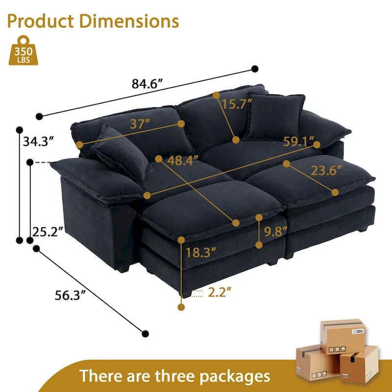 2-Sitzer-Sofa mit 2 Sitzkissen, 2 Kissen und 2 Hockern, bequemes Sofa - tiefes Sofa fürs Wohnzimmer, modulares Sofa