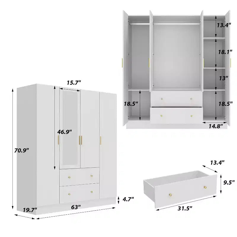 Armário Hitow com 2 gavetas grandes, zona central para pendurar roupa e espelho, estilo minimalista