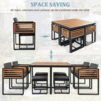 18-teiliges Garten-Esszimmer-Set aus Akazienholz, 8 gepolsterte Stühle, 8 Hocker und 2 quadratische Tische