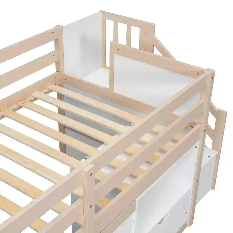 Okak Massivholz-Hochbett für Einzelmatratzen mit Treppe und Stauraum, niedriges Etagenbett mit Schubladen und Regalen, multifunktionales Hochbett für Kinder und Jugendliche
