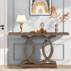 Vintage consoletafel met geometrisch onderstel, houten haltafel