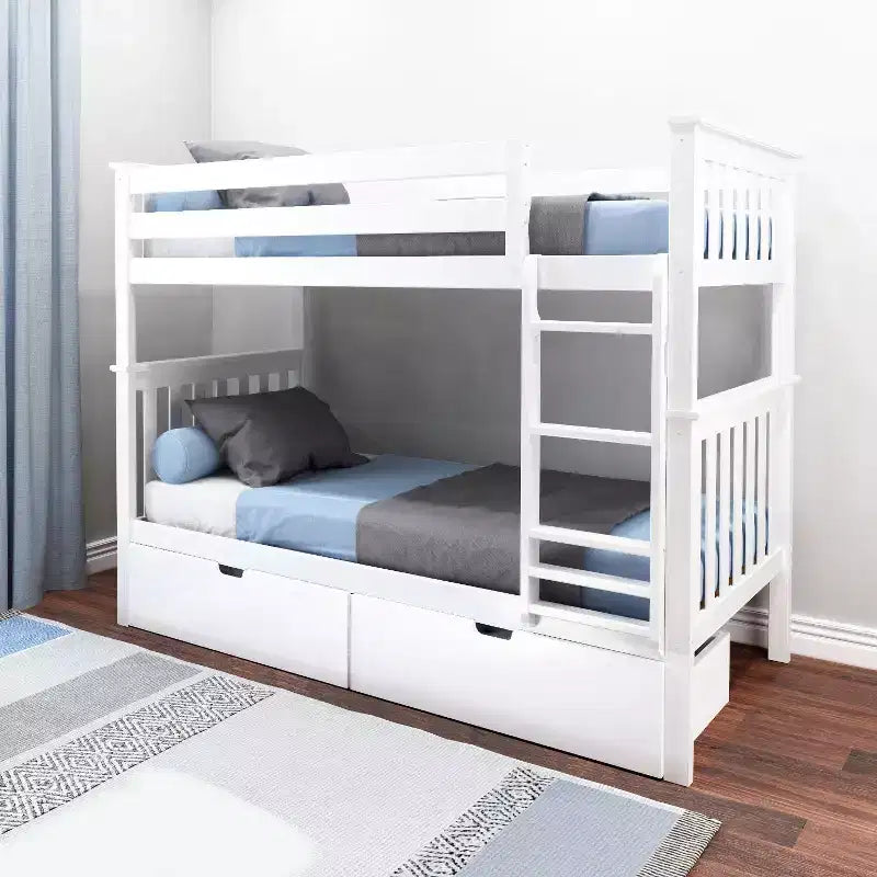 Stapelbed van massief hout voor kinderen, twee eenpersoonsbedden boven elkaar, met opberglades onder het bed