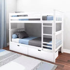 Stapelbed van massief hout voor kinderen, twee eenpersoonsbedden boven elkaar, met opberglades onder het bed
