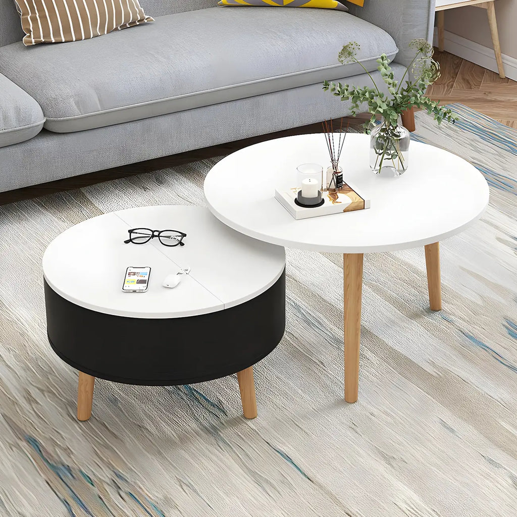 Moderne ronde houten salontafel in zwart-wit met opbergruimte