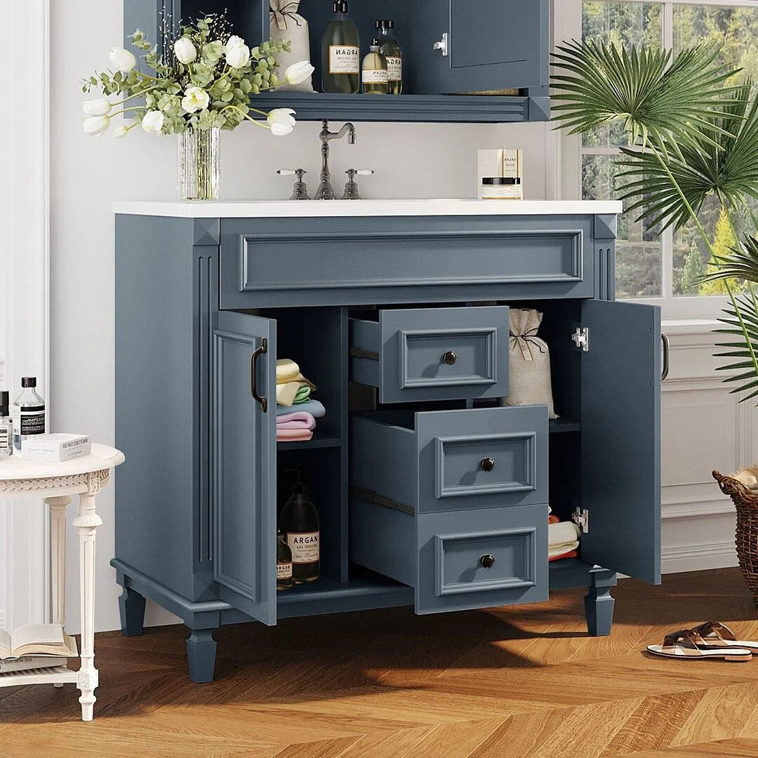 Meuble-lavabo de salle de bains moderne de 36' avec lavabo intégré et armoire à miroir, 2 portes et 2 tiroirs
