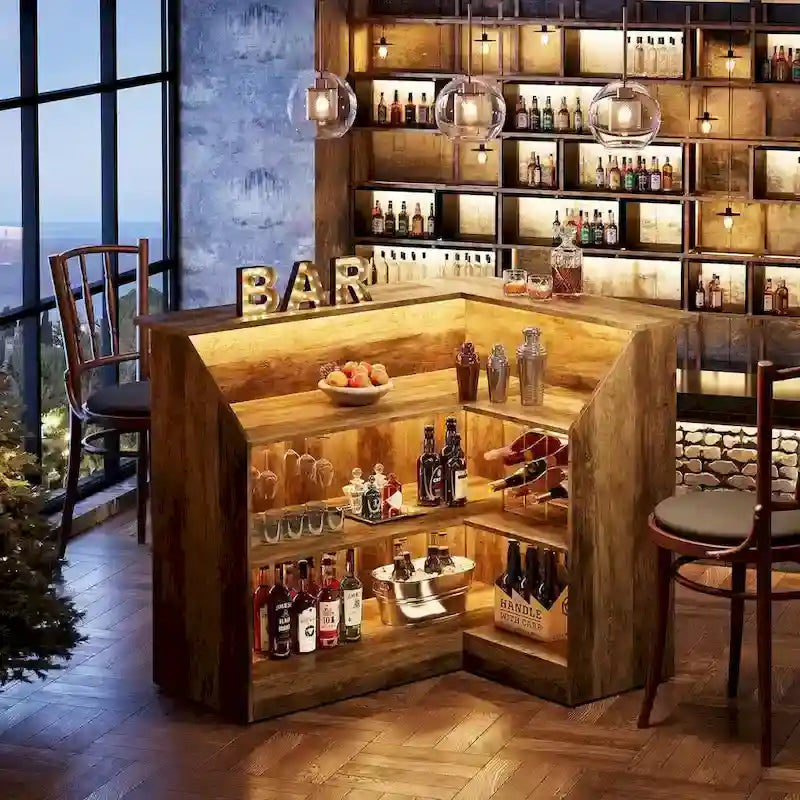 Meuble-bar en L avec porte-verres à pied pour bar à domicile