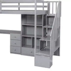 Halfhoogslaper in eenpersoonsmaat met L-vormig bureau, 3 laden, kast, opbergruimte in de trap, frame van massief grenenhout en MDF