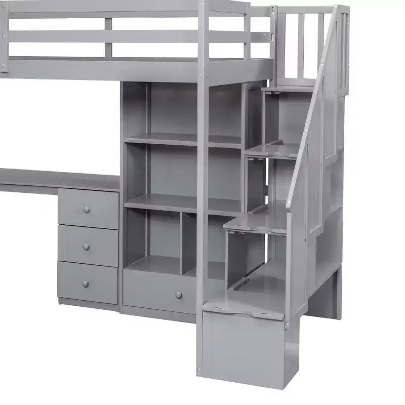 Halfhoogslaper in eenpersoonsmaat met L-vormig bureau, 3 laden, kast, opbergruimte in de trap, frame van massief grenenhout en MDF