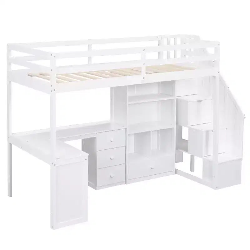 Halfhoogslaper in eenpersoonsmaat met L-vormig bureau, 3 laden, kast, opbergruimte in de trap, frame van massief grenenhout en MDF