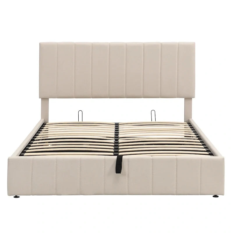 Lit plateforme rembourré queen size avec système de rangement hydraulique - beige