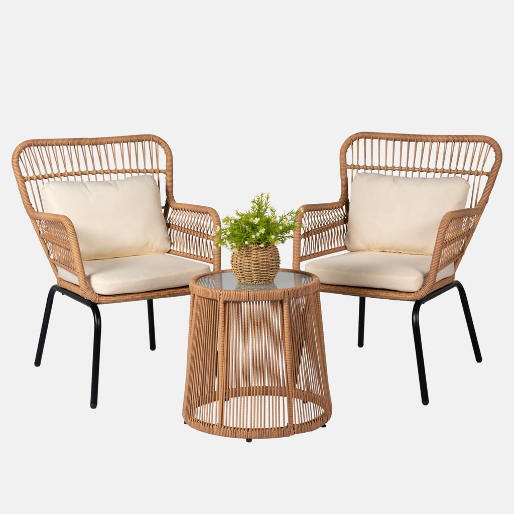 3-delige bistroset van tuinmeubelen van riet, weerbestendige rotanset met tuinstoelen en kussens