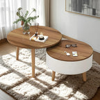 Moderne ronde houten salontafel in zwart-wit met opbergruimte