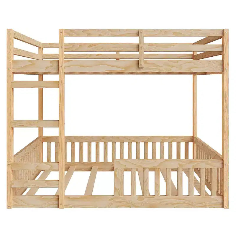 Letto a castello in legno a due piazze con scala e sponde di protezione, letto a castello basso a due piazze con supporto a doghe