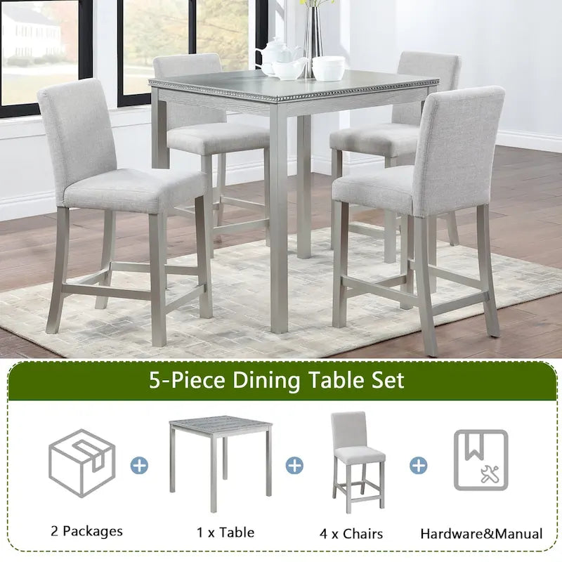 Moderne 5-delige eetset met vierkante tafel op aanrechthoogte en 4 gestoffeerde stoelen