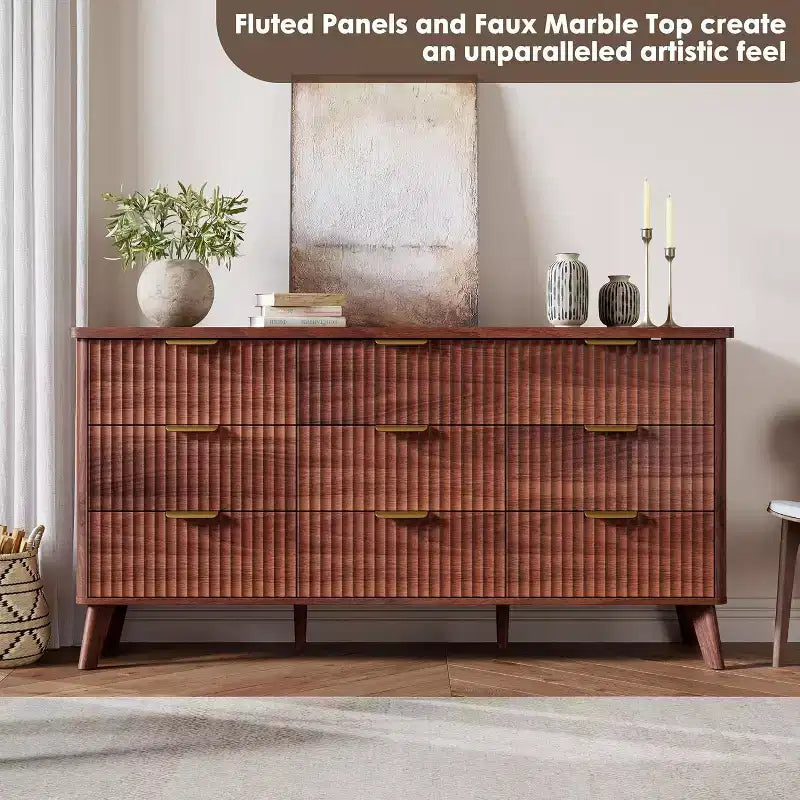 Kommode mit 9 geriffelten Schubladen, moderne Anrichte, TV-Ständer aus Holz, geschwungenes Design, für Wohnzimmer und Flur