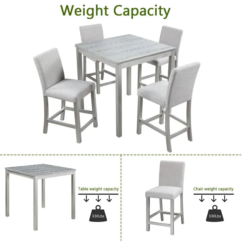 Moderne 5-delige eetset met vierkante tafel op aanrechthoogte en 4 gestoffeerde stoelen
