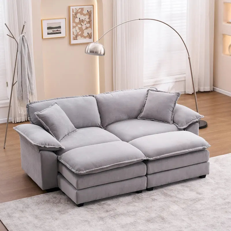 2-Sitzer-Sofa mit 2 Sitzkissen, 2 Kissen und 2 Hockern, bequemes Sofa - tiefes Sofa fürs Wohnzimmer, modulares Sofa