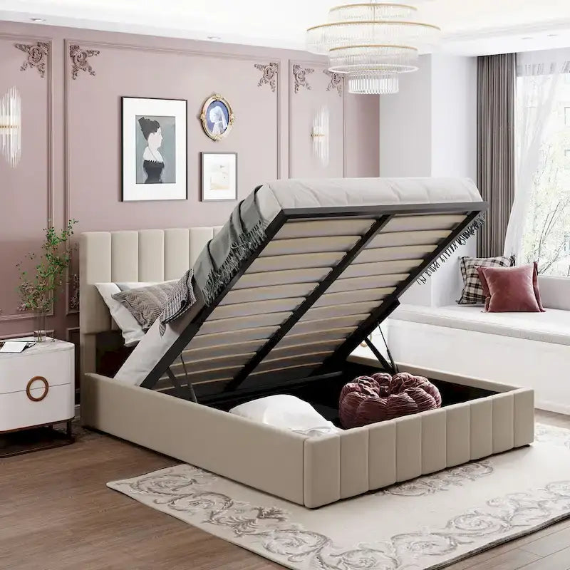 Lit plateforme rembourré queen size avec système de rangement hydraulique - beige