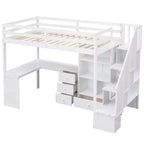 Halfhoogslaper in eenpersoonsmaat met L-vormig bureau, 3 laden, kast, opbergruimte in de trap, frame van massief grenenhout en MDF