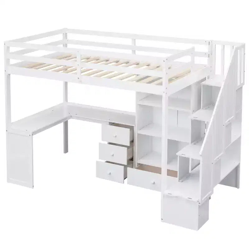 Halfhoogslaper in eenpersoonsmaat met L-vormig bureau, 3 laden, kast, opbergruimte in de trap, frame van massief grenenhout en MDF