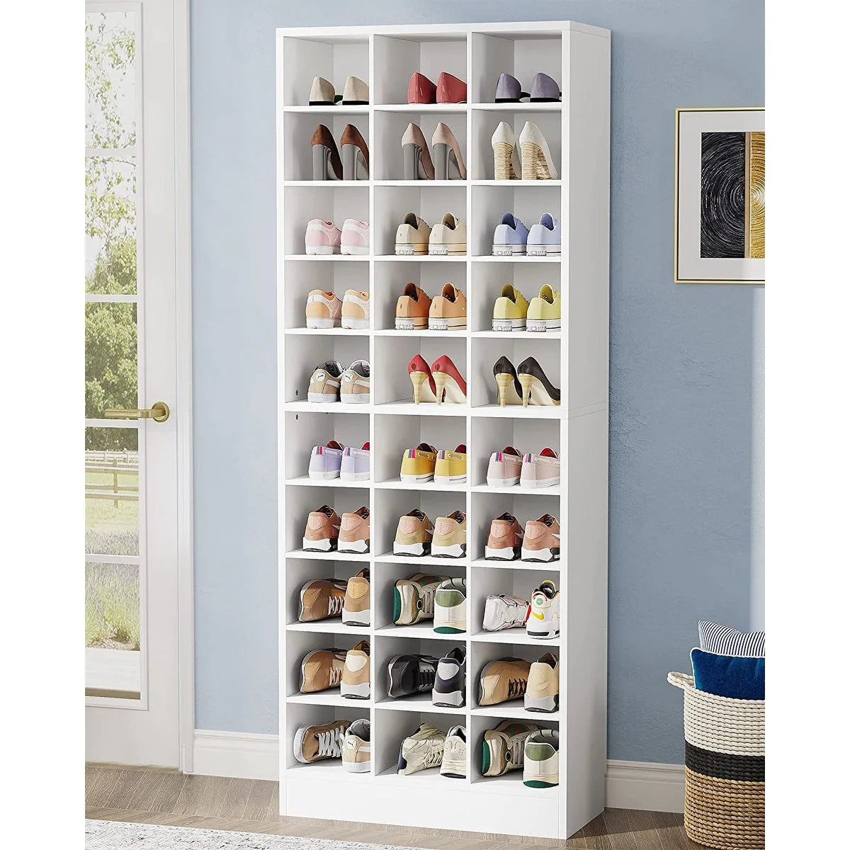 Hoge schoenenkast voor 30 paar, witte houten schoenenrek met 10 niveaus voor garderobe en hal - 10 niveaus