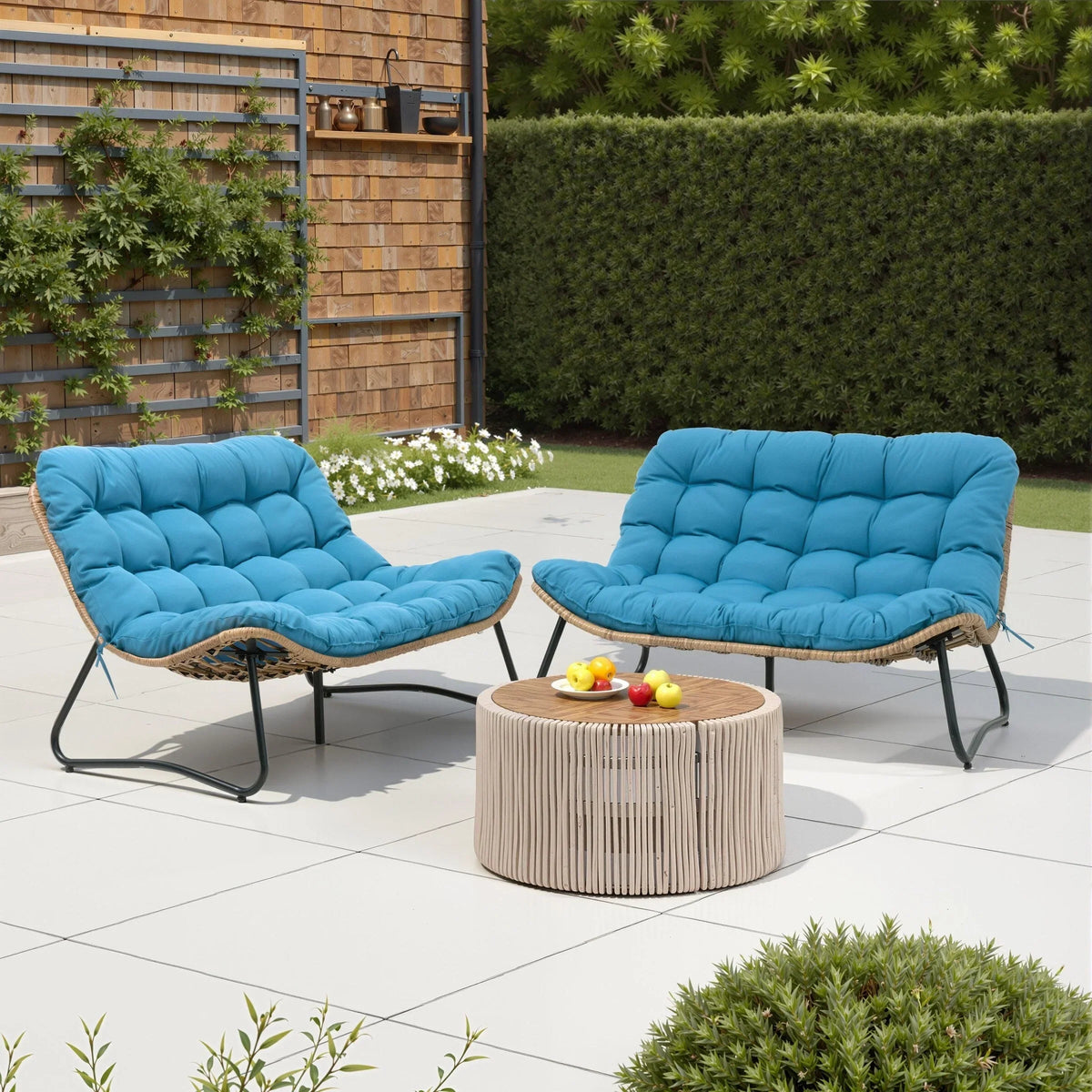 Poltrona doppia Papasan con cuscino, in rattan PE resistente a tutte le condizioni atmosferiche e struttura in metallo, per interni ed esterni