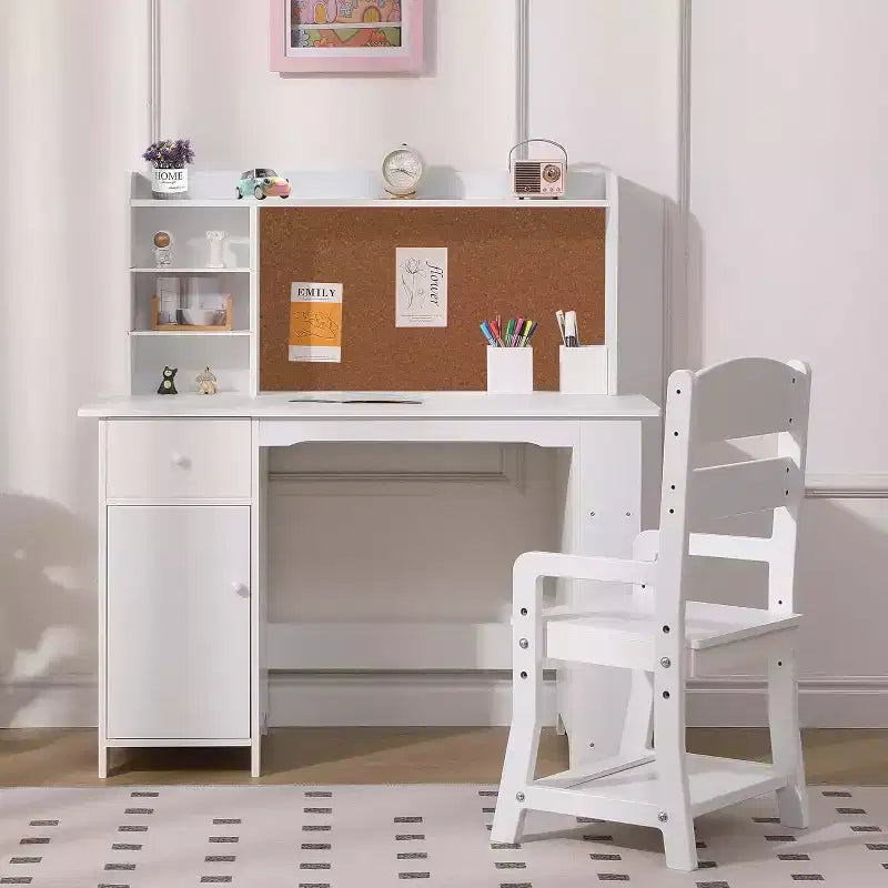 Kinderschreibtisch mit Stuhl für Jungen und Mädchen, hölzerner Kinderschreibtisch mit Bücherregal, Pinnwand, Schrank und Schublade, für Kinder von 3-8 Jahren