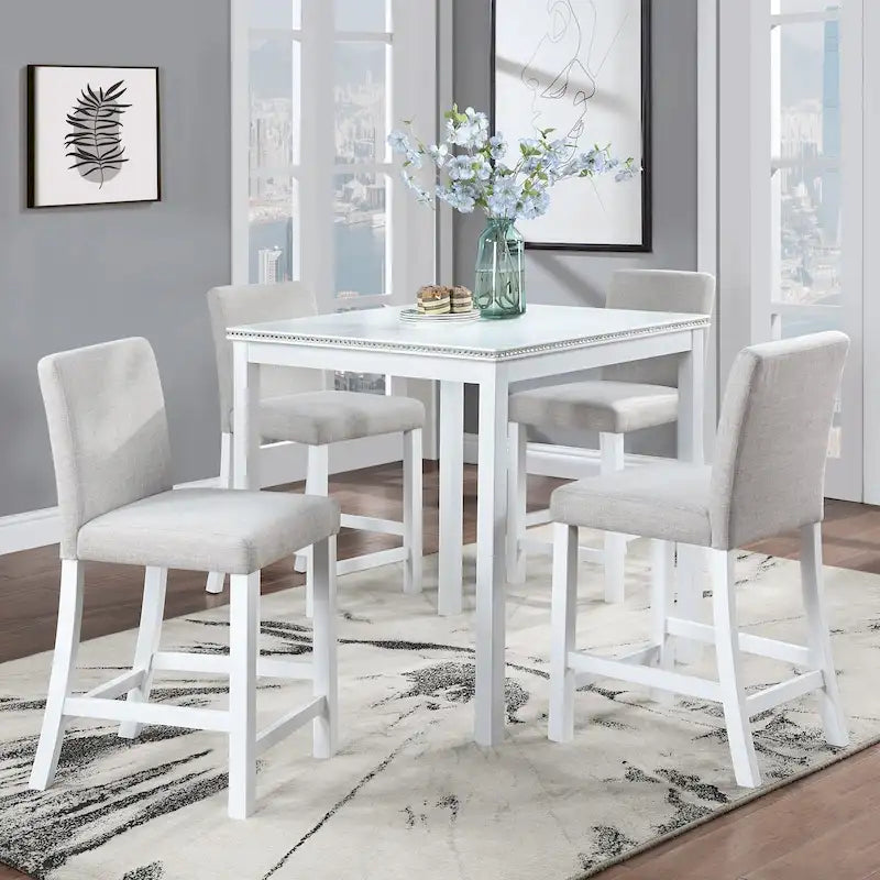 Moderne 5-delige eetset met vierkante tafel op aanrechthoogte en 4 gestoffeerde stoelen