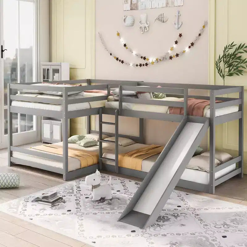 L-förmiges Etagenbett für 4 Kinder, Vierer-Etagenbett mit Rutsche und Bettgestell aus Holz in Full- und Twin-Size für Schlafzimmer und Wohnheim