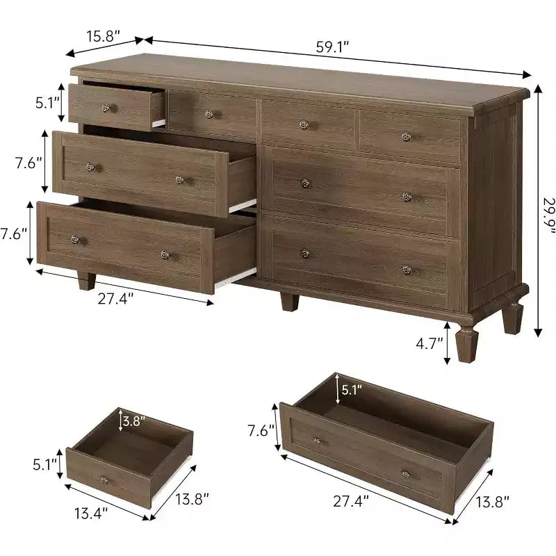 Kommode mit 8 Schubladen fürs Schlafzimmer, Vintage-TV-Kommode 59 mit geschnitzten Griffen und konischen Beinen, Holzkommode mit großem Stauraum