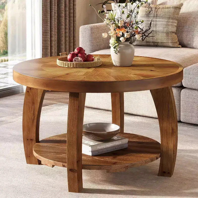 Lantine ronde salontafel van massief hout, bijzettafel met 2 niveaus en opbergruimte, tafelblad van 31.5 inch met mozaïekpatroon, eenvoudig te monteren, voor de woonkamer, bruin